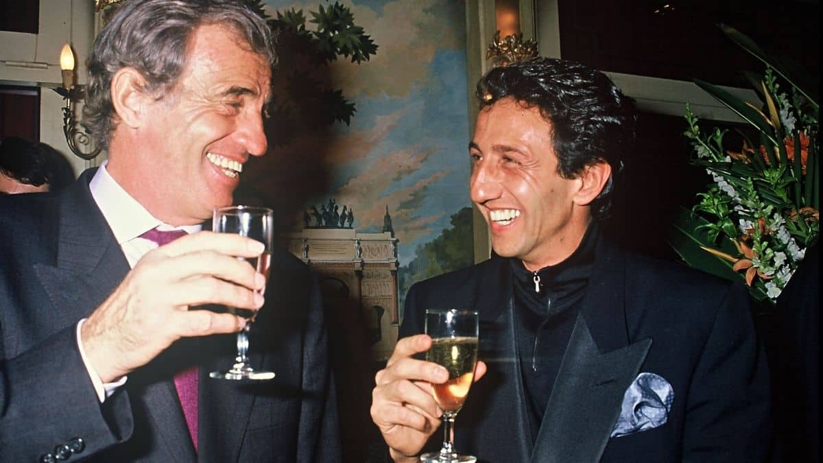 Jean-Paul Belmondo et Richard Anconina à l'avant-première du film Itinéraire d'un enfant gâté, en 1988