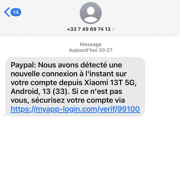 Capture d'écran du SMS frauduleux évoquant PayPal