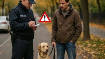 Homme verbalisé par la police lors d'une balade avec son chien.