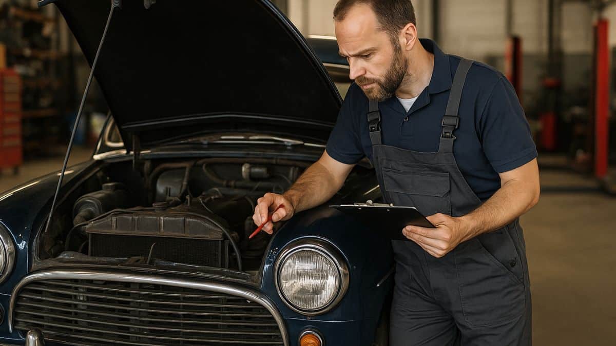 Garagiste effectuant un contrôle technique sur une vieille voiture dans un garage.
