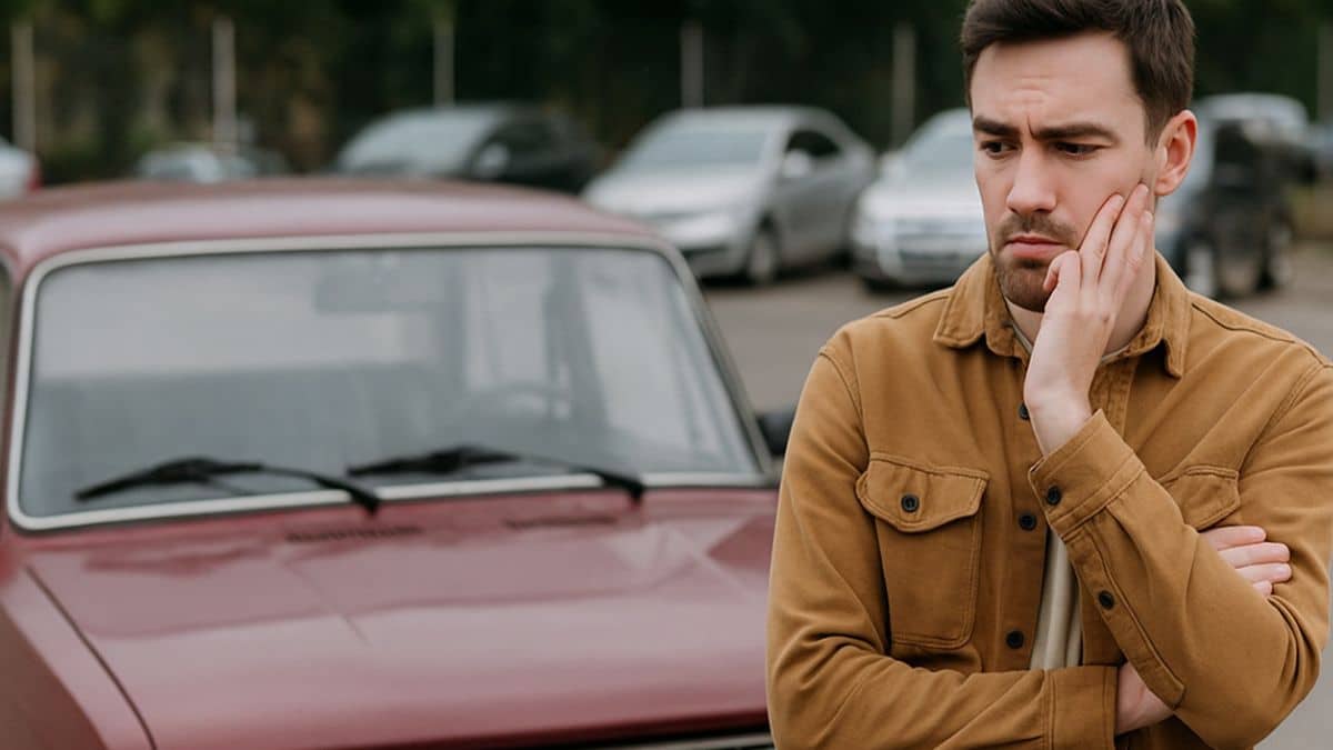 Homme hésitant devant une vieille voiture d’occasion sur un parking.