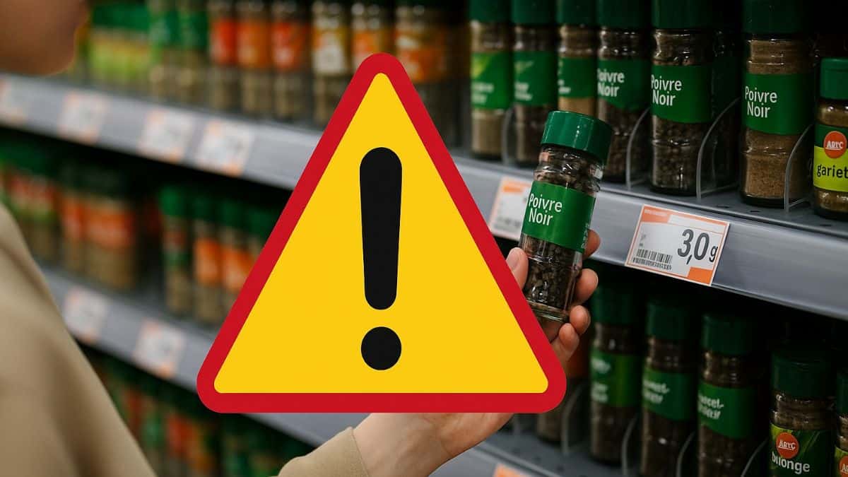 Une personne sur le point de choisir un pot de poivre noir en rayon, avec un panneau emoji de danger au premier plan.