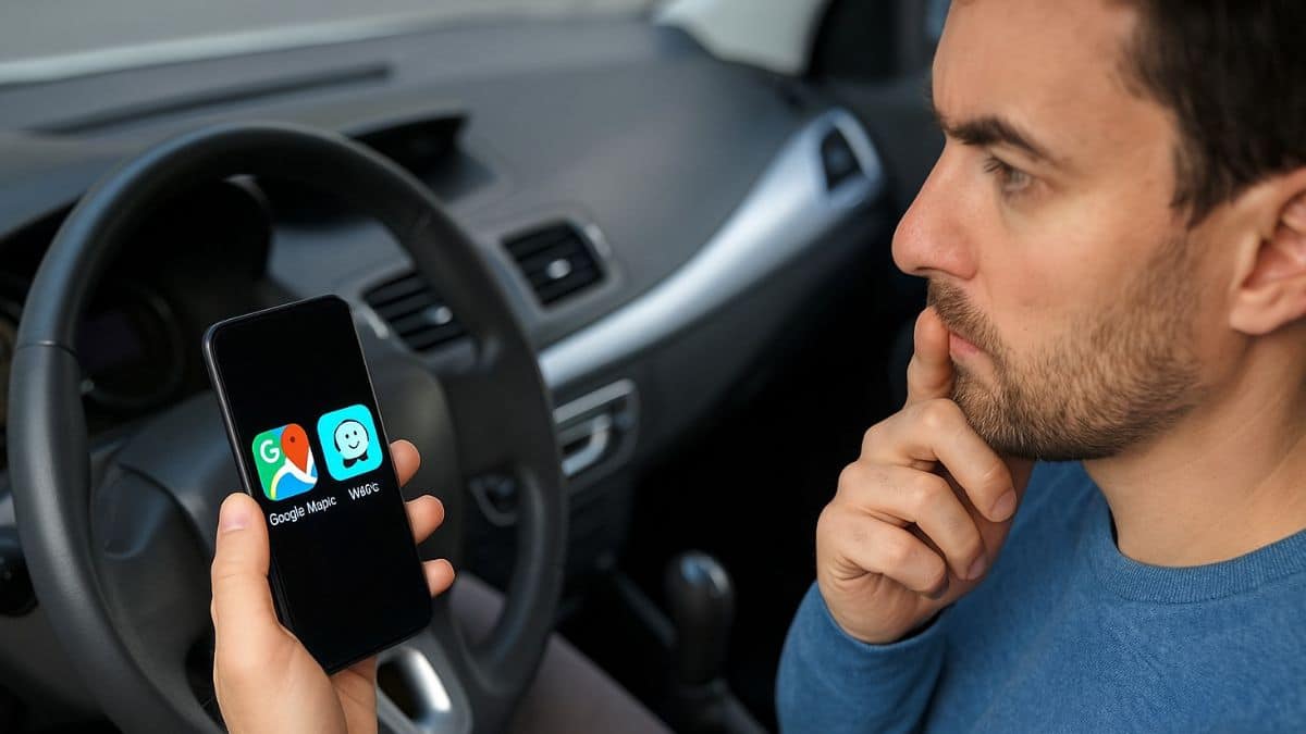 Un conducteur hésite entre Google Maps et Waze en regardant les deux icônes GPS sur son téléphone dans sa voiture.
