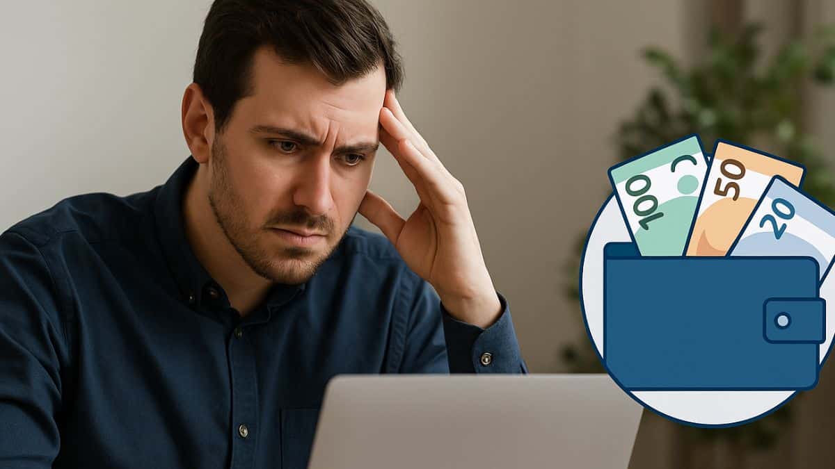 Homme soucieux de son épargne consultant son ordinateur avec un encart illustrant un portefeuille rempli de billets en euros