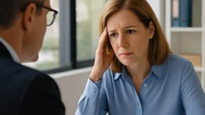 Une femme inquiète discute de sa retraite avec son employeur dans un bureau lumineux.