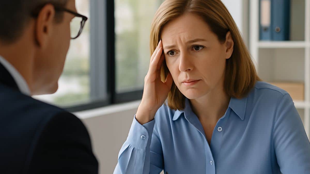 Une femme inquiète discute de sa retraite avec son employeur dans un bureau lumineux.