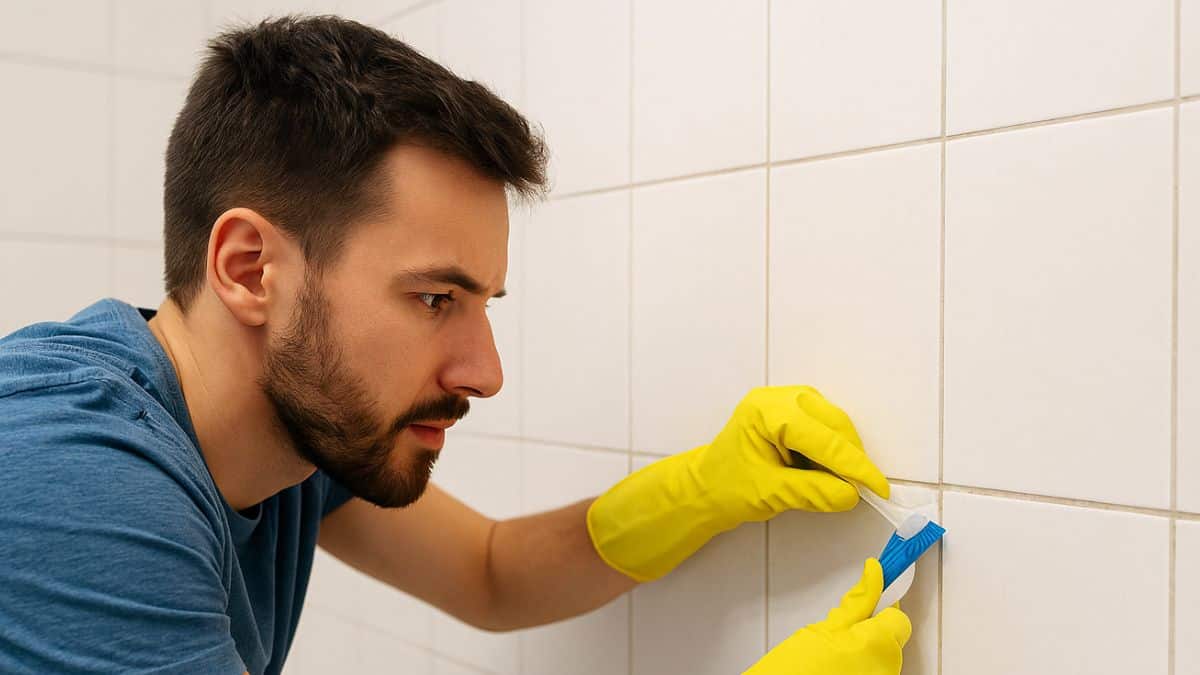 Un homme nettoie ses joints de douche