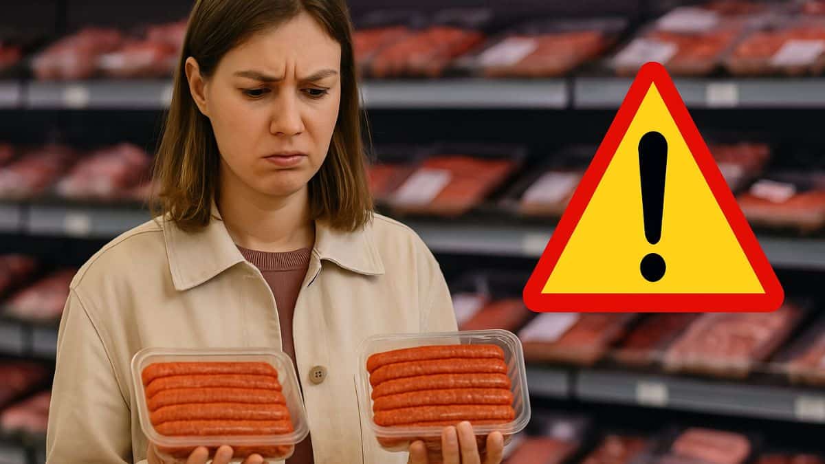 Femme hésitante tenant deux lots de merguez dans un supermarché avec un panneau d’alerte en surimpression.