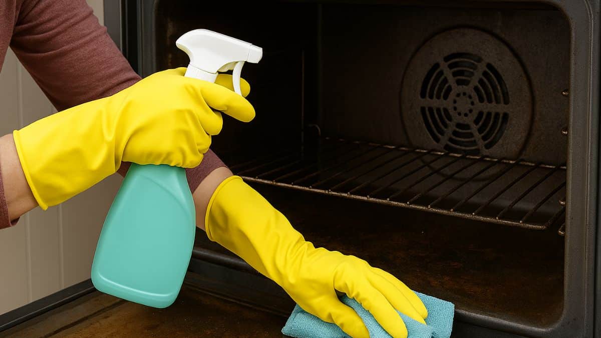 Personne en gants jaunes nettoyant l’intérieur d’un four sale avec un spray et un chiffon bleu.