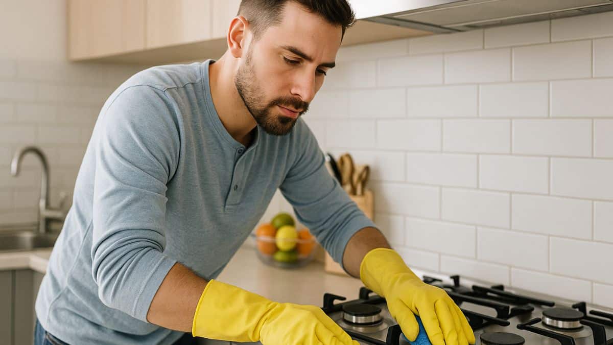 Un homme fait le ménage dans sa cuisine