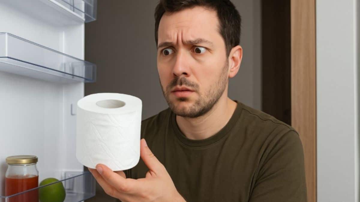 Un homme regarde un rouleau de papier toilette avec étonnement devant un frigo ouvert.