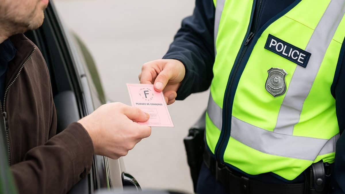Un agent de police retire un permis de conduire à un automobiliste lors d’un contrôle routier.