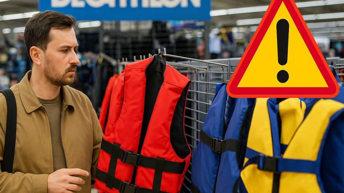 Homme choisissant un gilet de sauvetage chez Decathlon avec un emoji de danger visible.