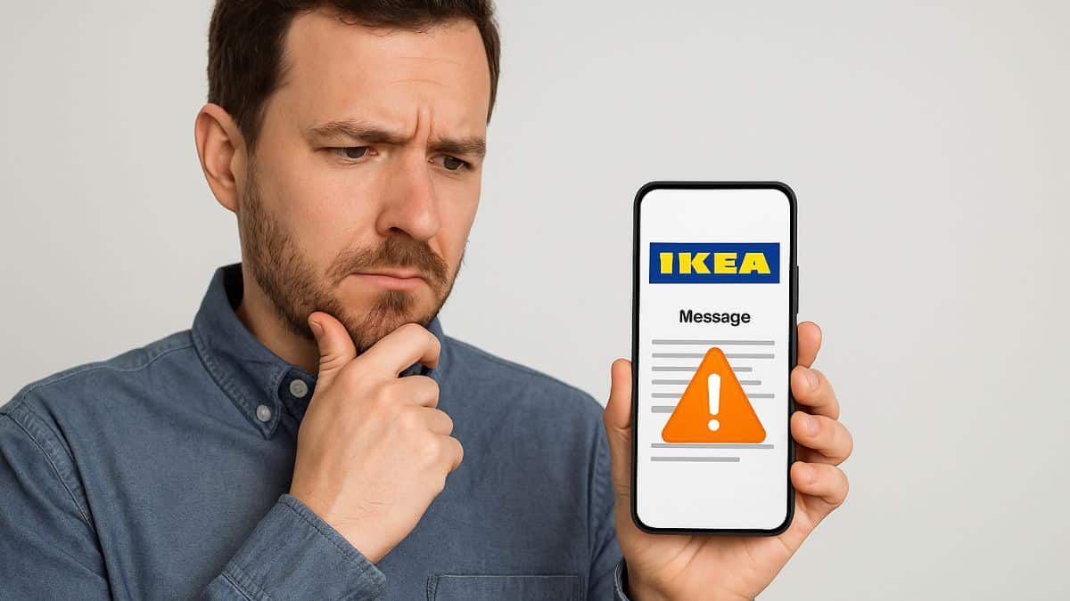 Un homme inquiet regarde un message IKEA suspect avec un emoji danger sur l’écran de son téléphone.