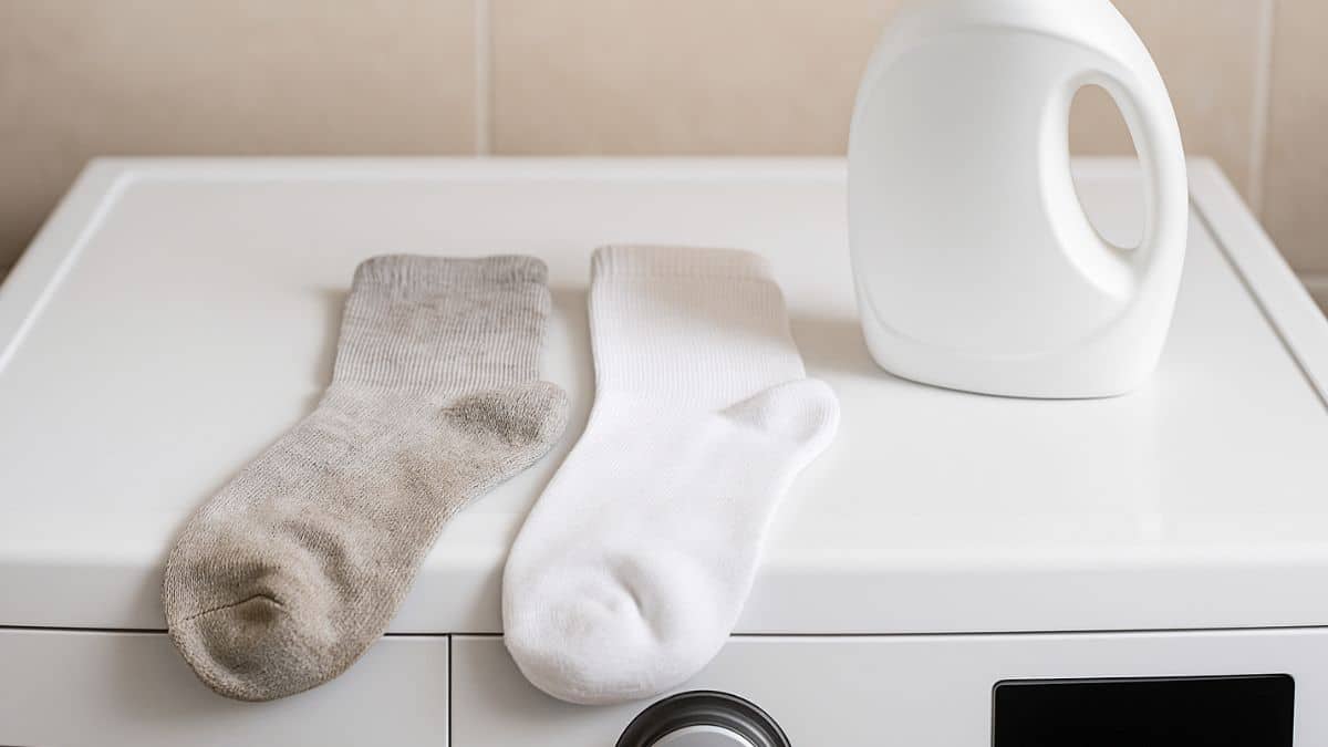 Deux chaussettes : l'une grisâtre, l'autre, immaculée