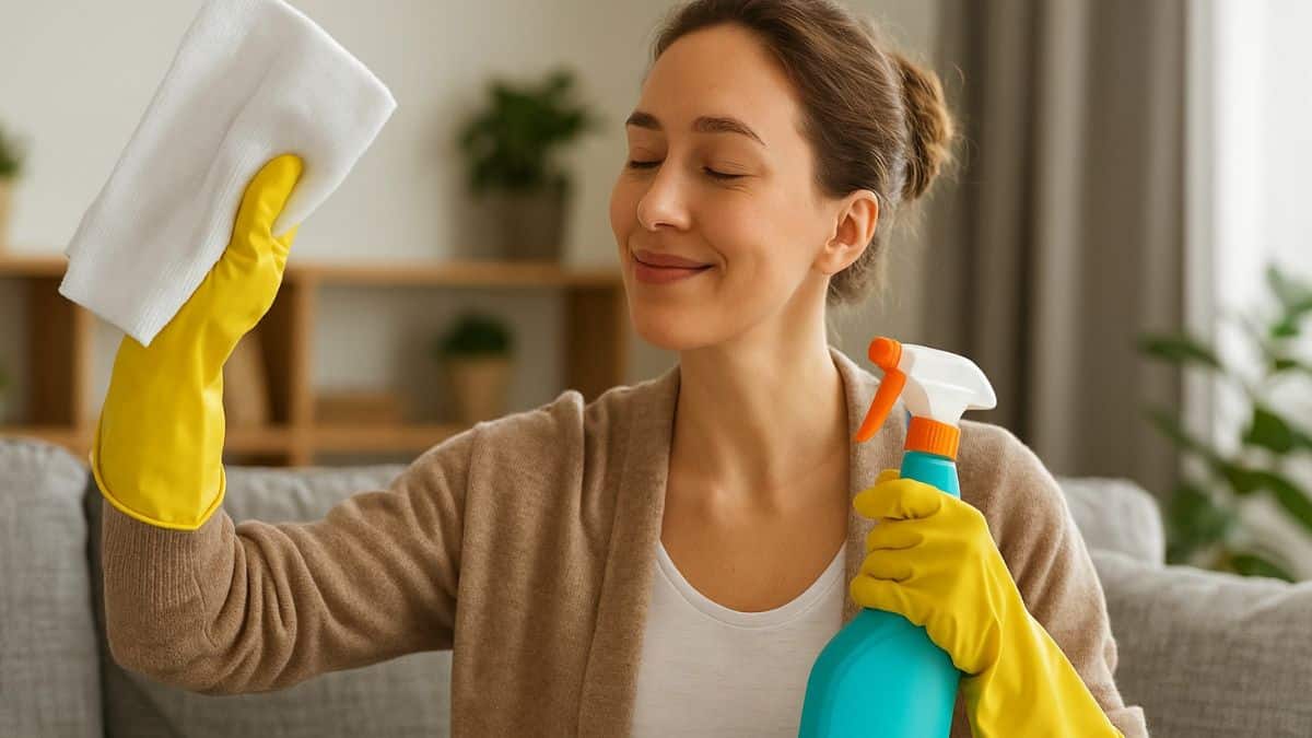 Femme souriante nettoyant son salon avec un spray et un chiffon, inspirée par une astuce de grand-mère sur ses poubelles.