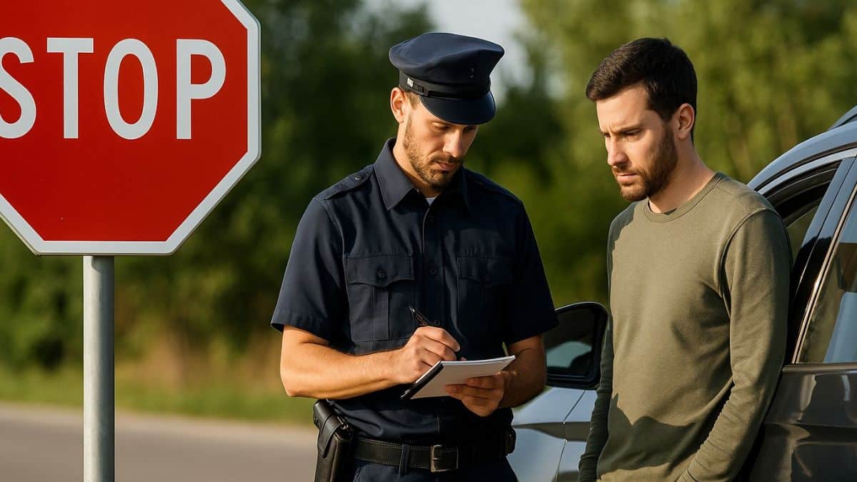 Un automobiliste se fait verbaliser pour un refus de priorité par un agent de police près d’un panneau STOP en France.