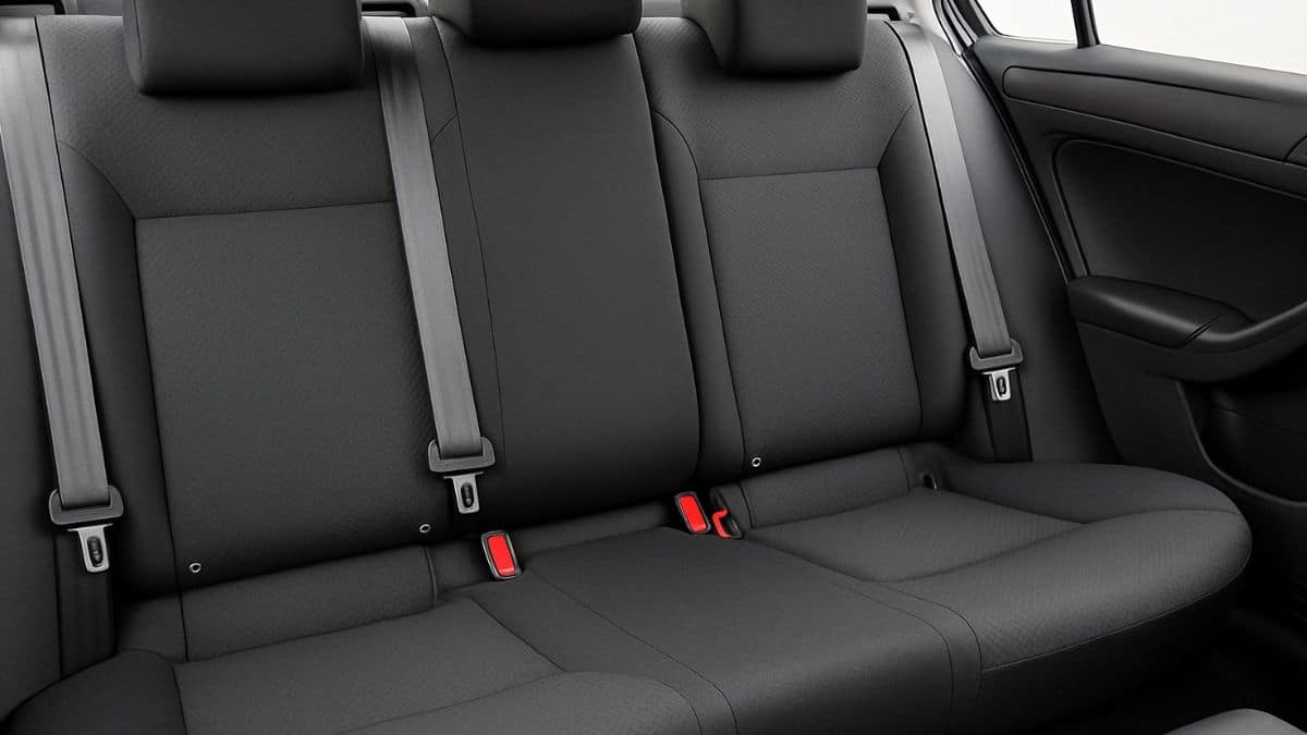 Banquette arrière de voiture avec ceintures de sécurité attachées mais sans passagers, vue réaliste et éclairage naturel.