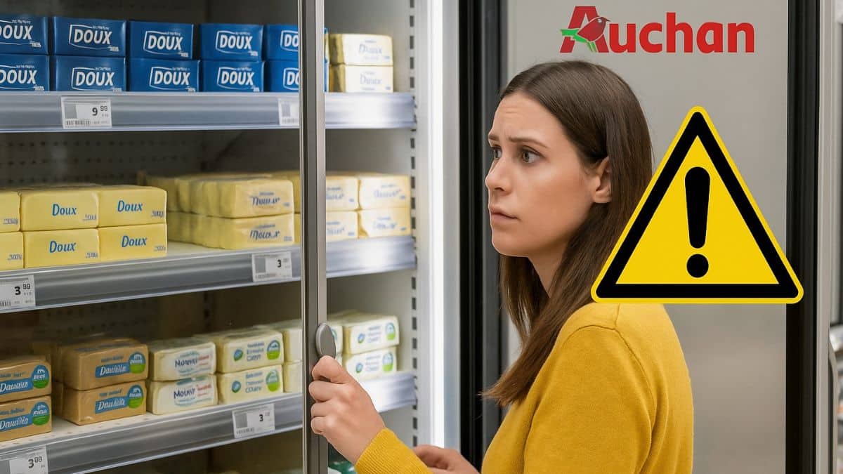 Femme qui cherche du beurre dans un rayon Auchan avec un panneau de danger jaune bien visible.