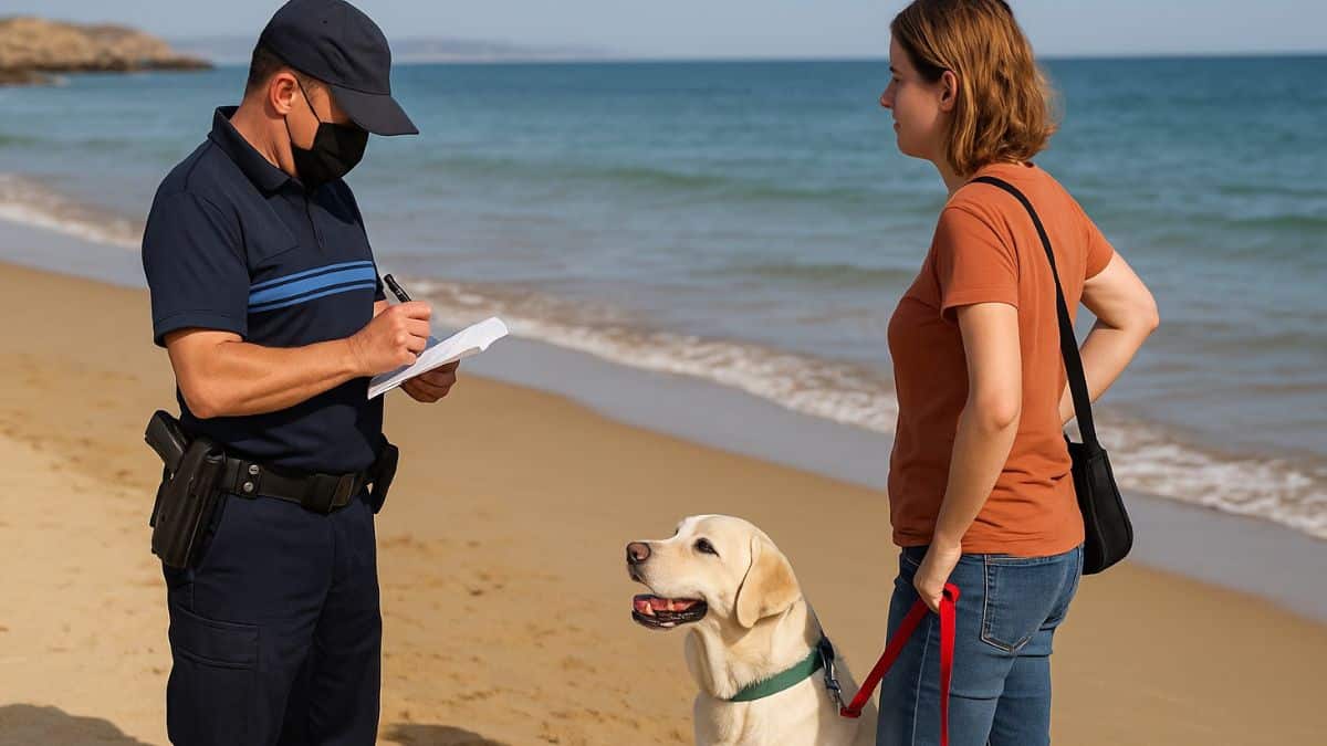 Un agent de police verbalise une femme accompagnée de son chien sur une plage interdite aux animaux.