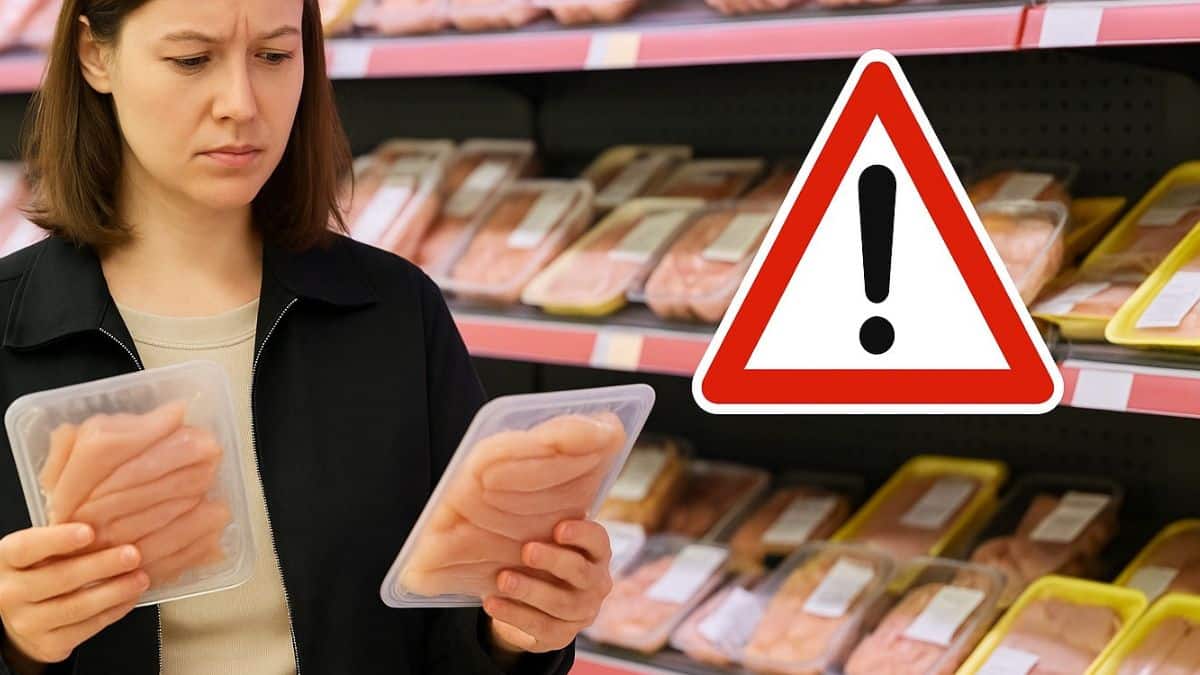 Femme hésitant entre plusieurs barquettes d’aiguillettes de poulet en supermarché avec un panneau danger rouge en fond.