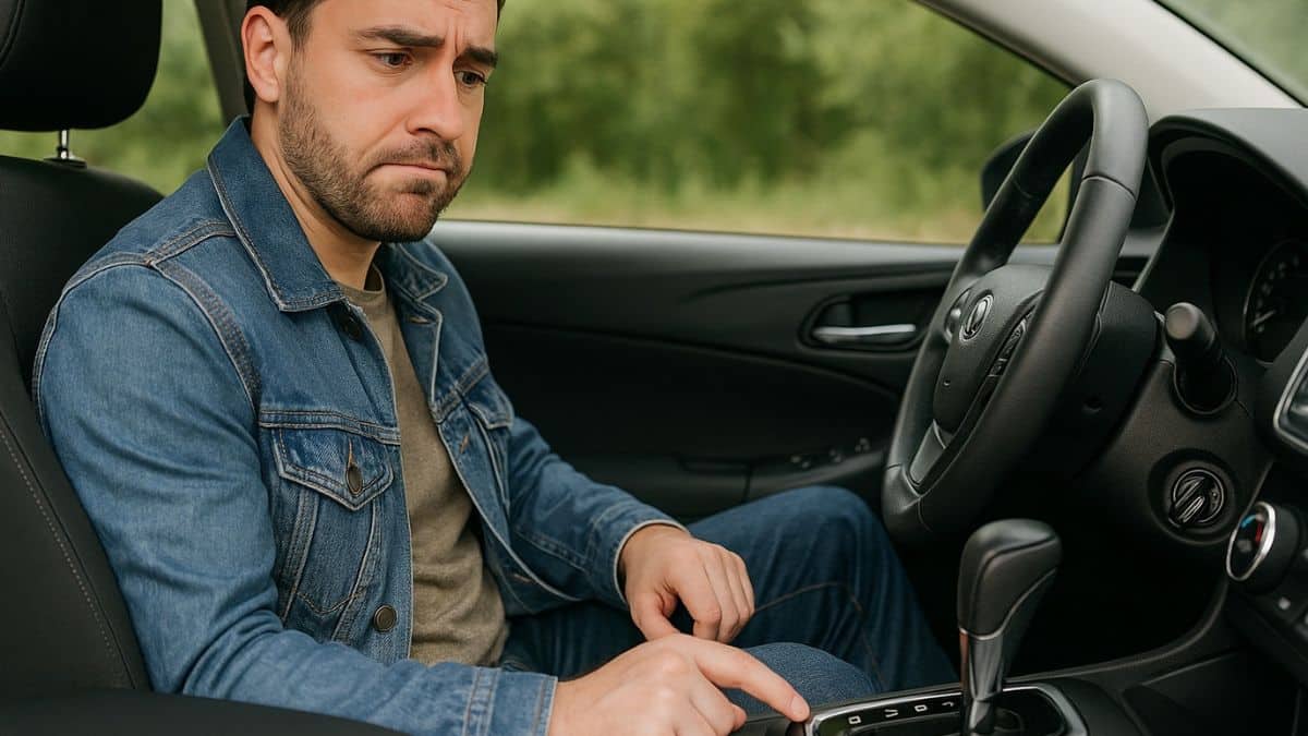 Un conducteur méfiant regarde le levier d’une boîte automatique depuis le côté passager.