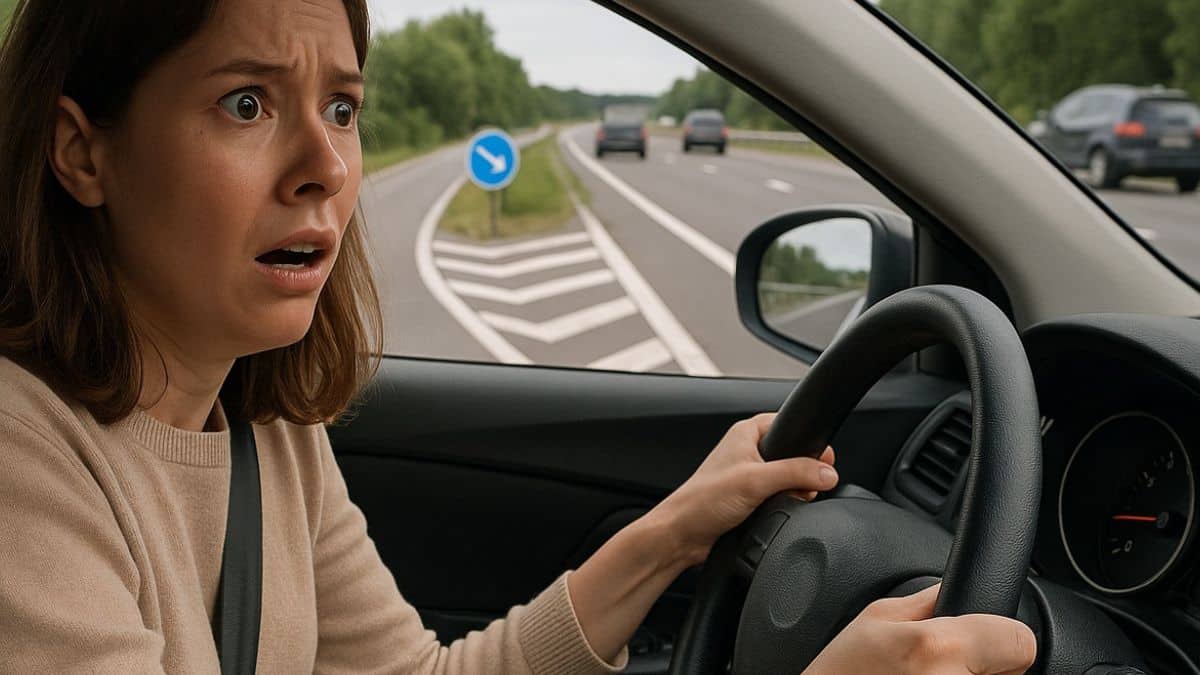 Jeune femme effrayée tentant de s'insérer sur l'autoroute depuis une voie d'accélération.
