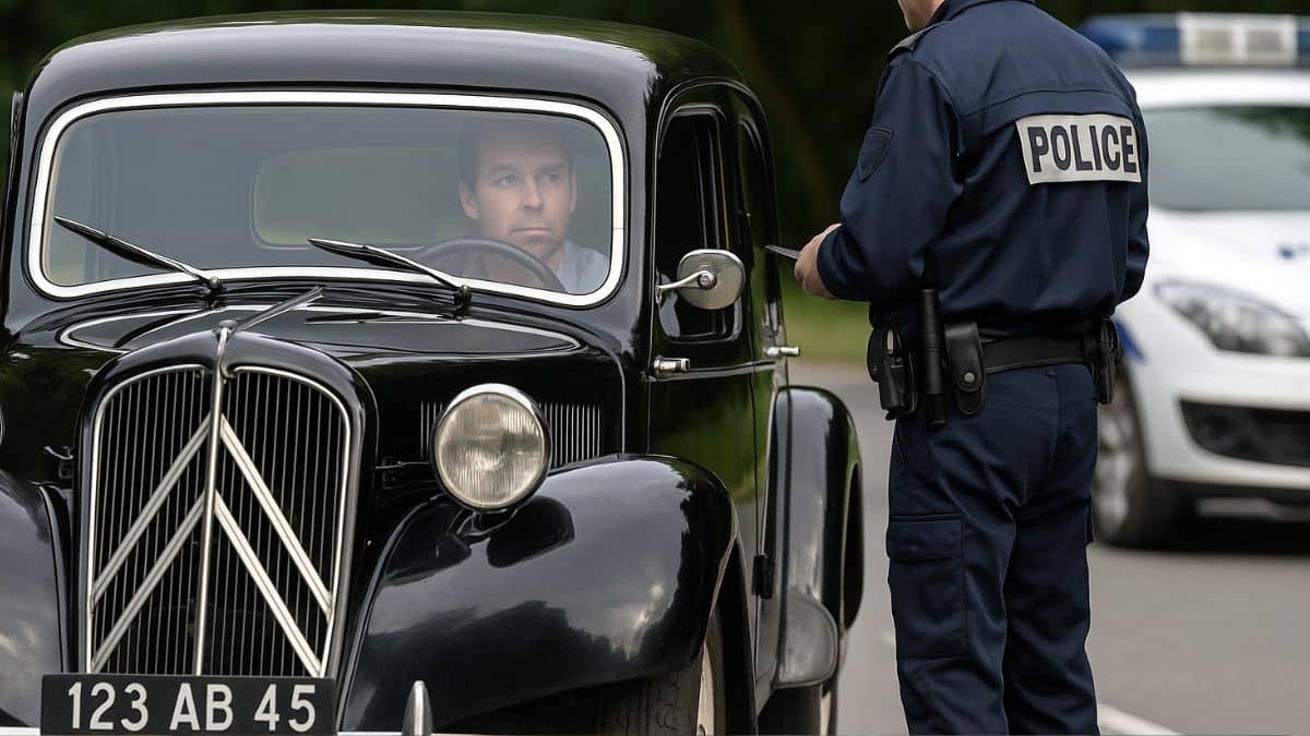 Un policier contrôle un conducteur au volant d’une voiture ancienne avec plaque noire.