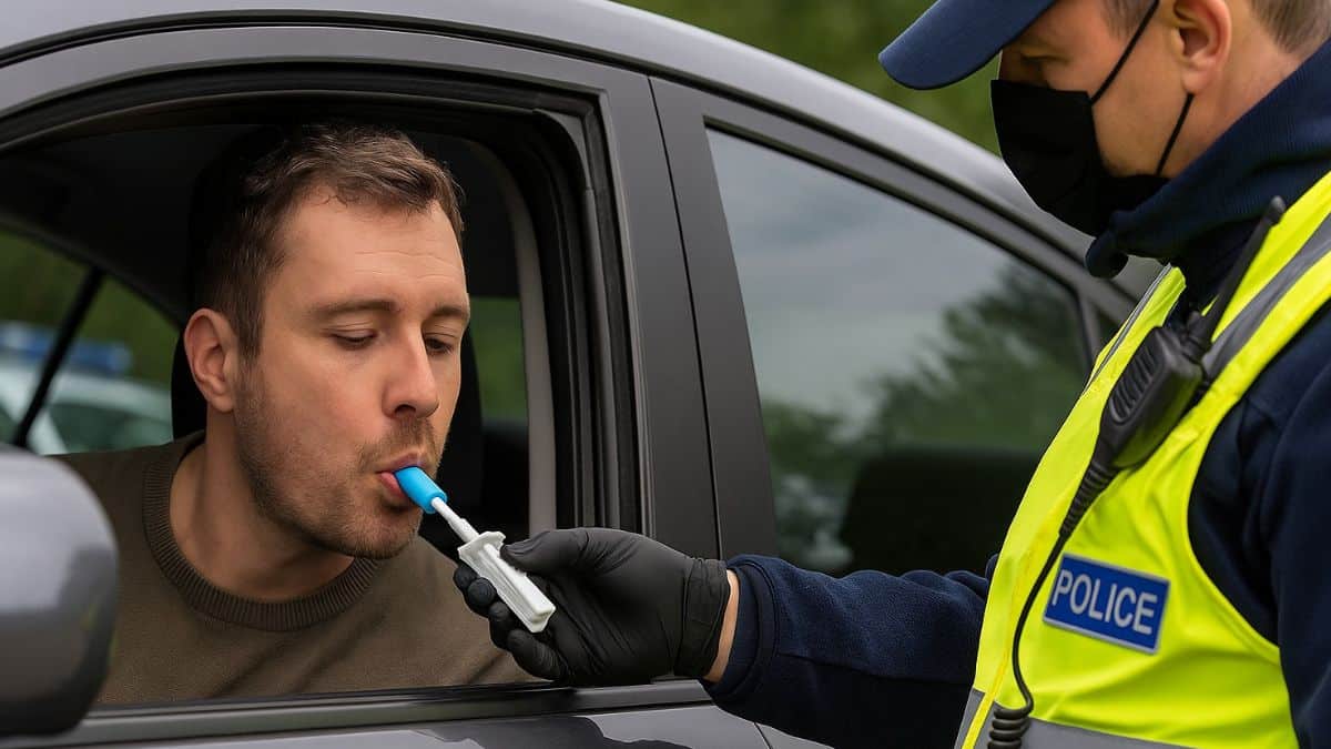 Conducteur subissant un test salivaire antidrogue par un policier en bord de route.