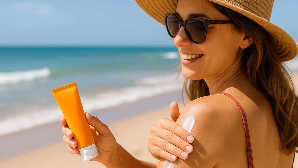 Une femme se met de la crème solaire sur la plage