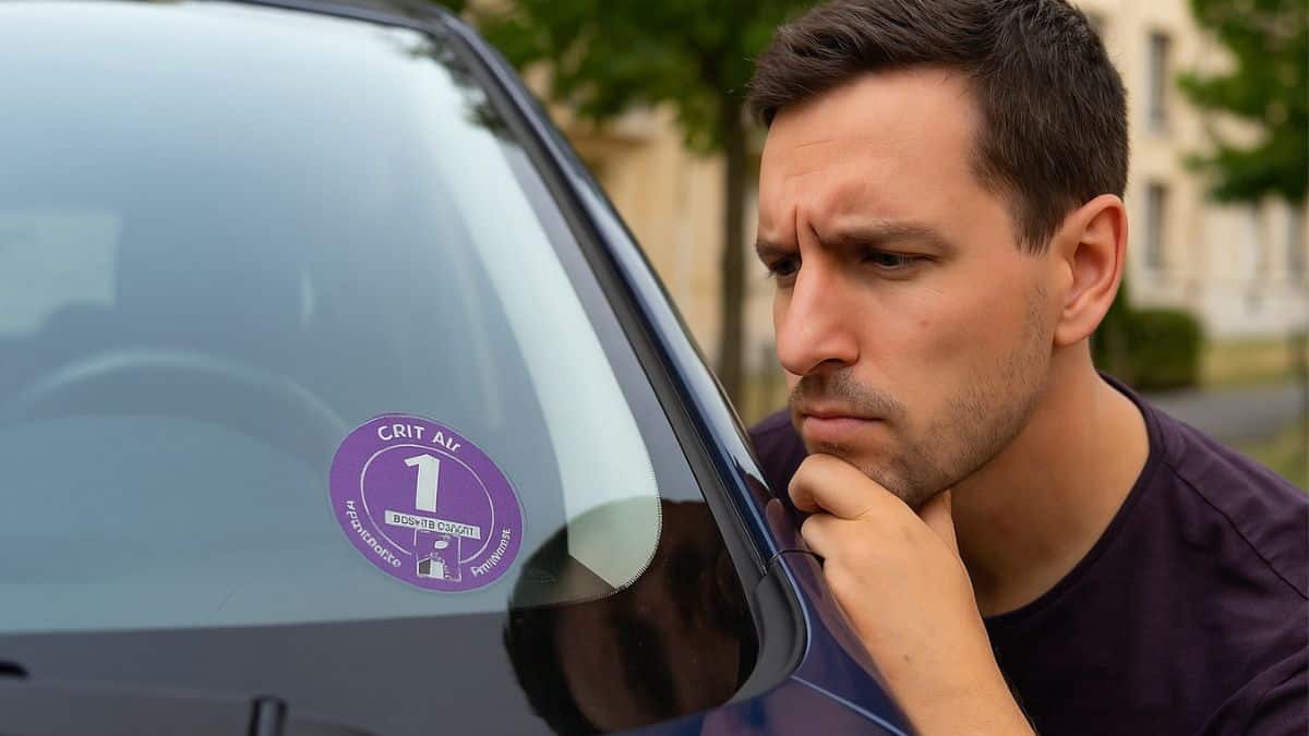 Homme pensif en t-shirt violet observant une vignette Crit’Air violette apposée sur le pare-brise d’une voiture bleue.