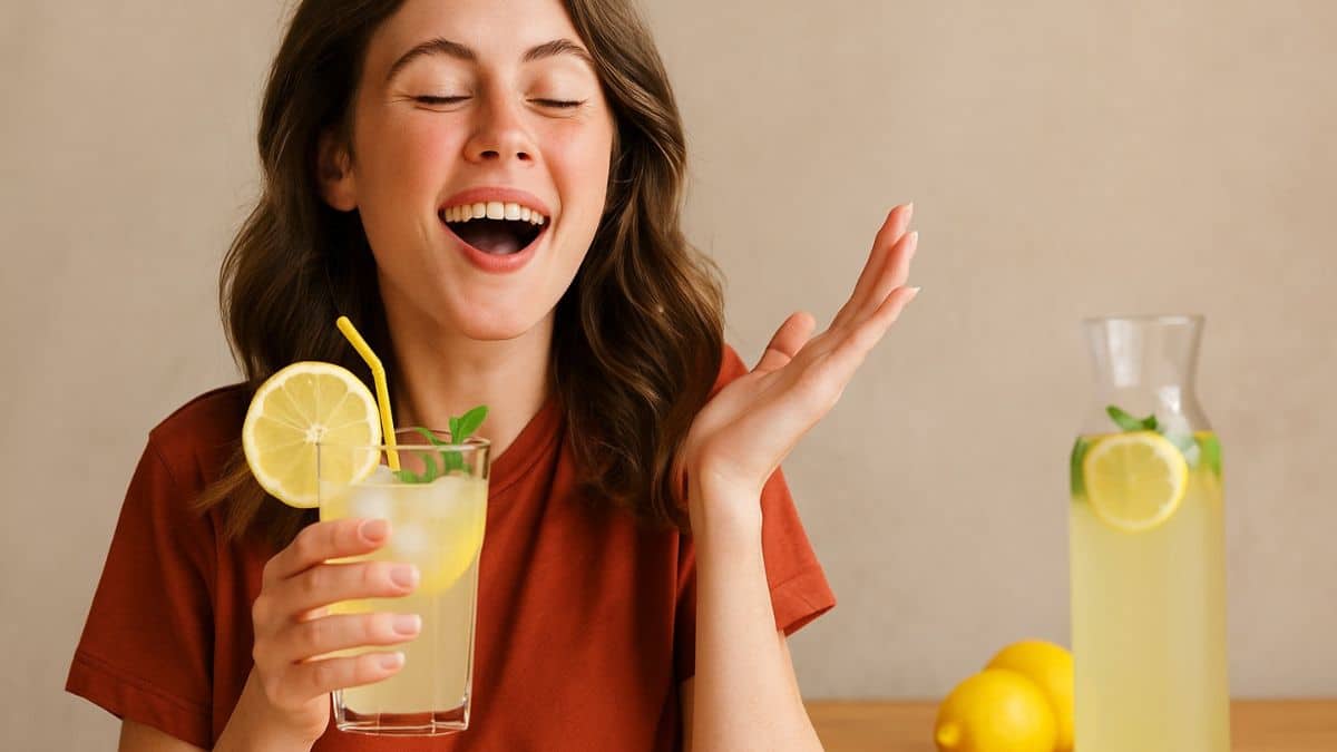 Une femme souriante savoure sa citronnade maison avec émerveillement, un pichet de citronnade en arrière-plan.