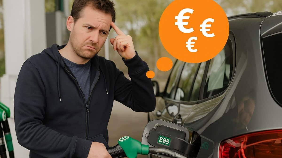 Homme pensif mettant de l’E85 dans sa voiture avec une bulle contenant des symboles euro.