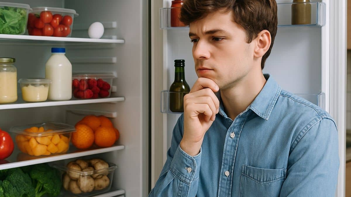 Étudiant réfléchissant devant un frigo rempli d’aliments avant ses révisions du bac.
