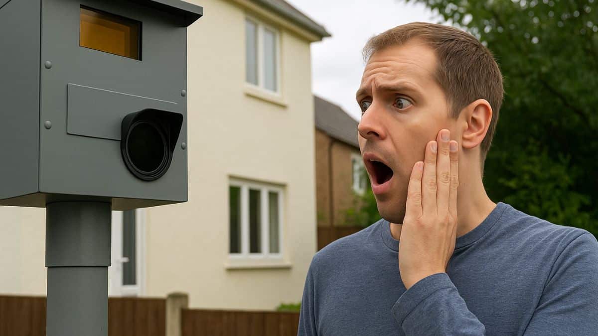Un homme surpris de découvrir un faux radar installé devant sa maison, près d’un lotissement résidentiel.