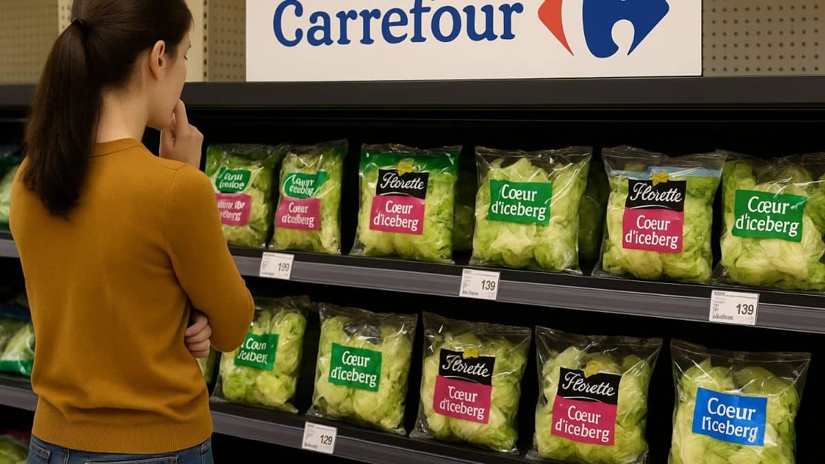 Une femme hésite devant plusieurs salades en sachets de cœur d’iceberg dans un rayon Carrefour.