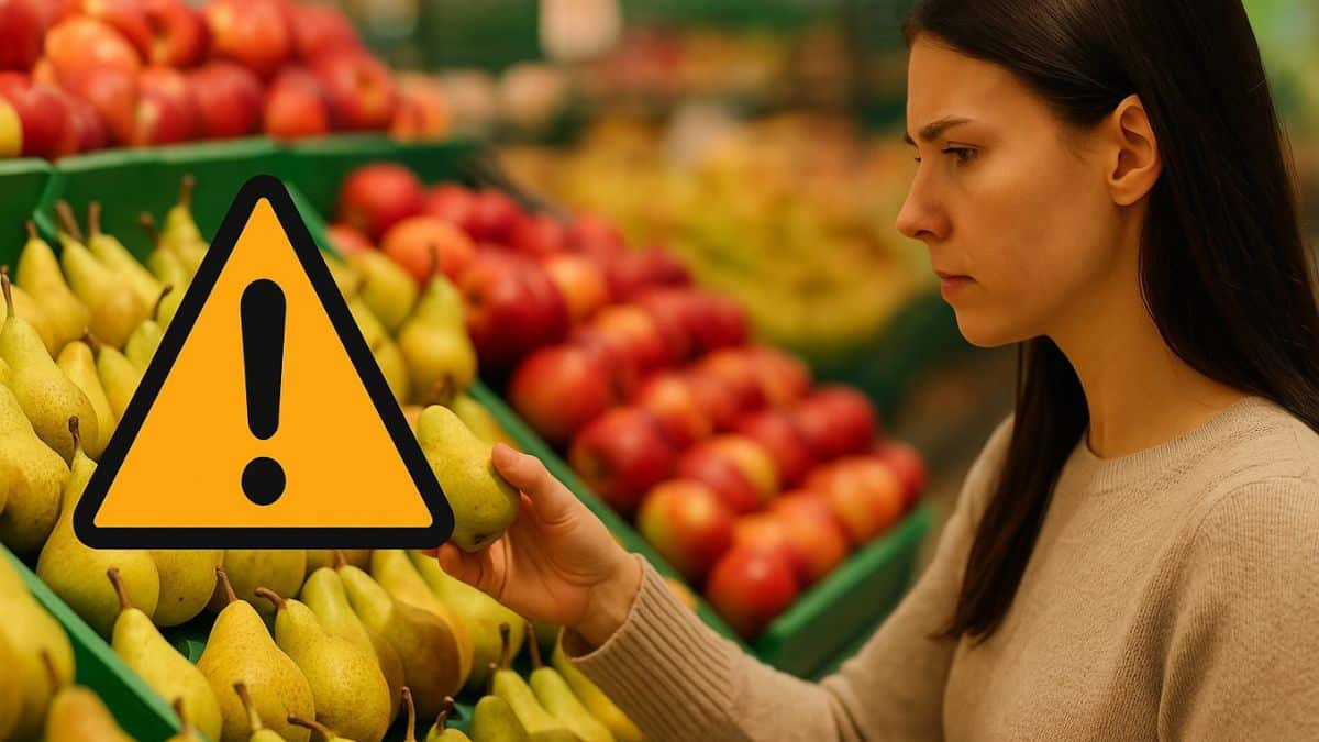 Une femme choisit des poires sur un étal en supermarché avec un emoji d’alerte visible au premier plan.