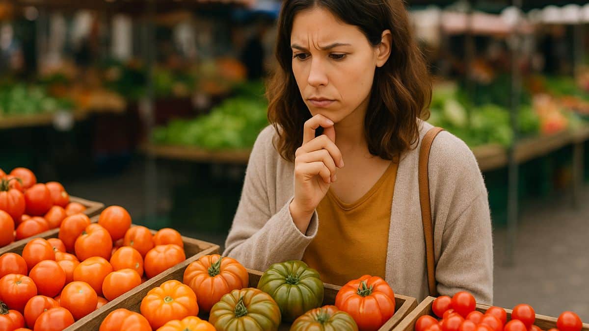 Une femme hésite entre plusieurs variétés de tomates sur un étal de marché en plein air.