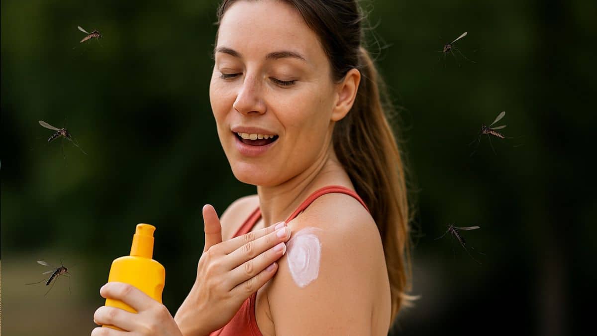 Femme appliquant de la crème solaire entourée de moustiques en plein air. 2/2