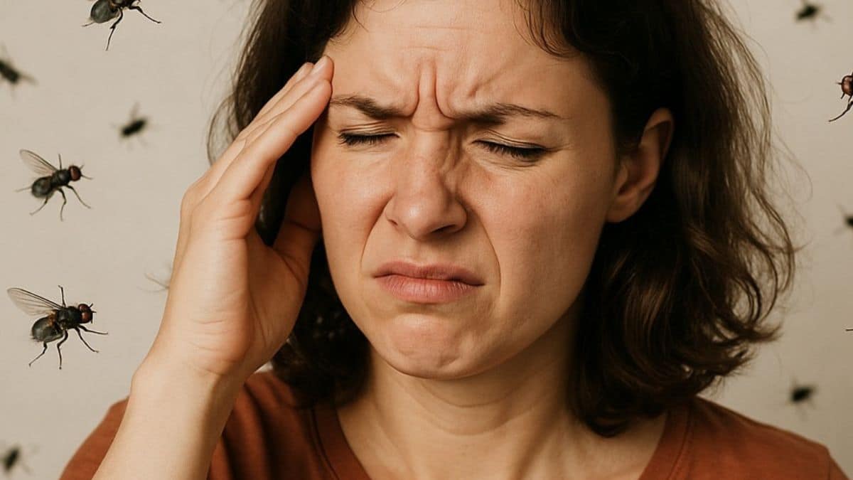 Jeune femme dérangée par un essaim de mouches dans une pièce à vivre, expression de dégoût visible sur son visage.