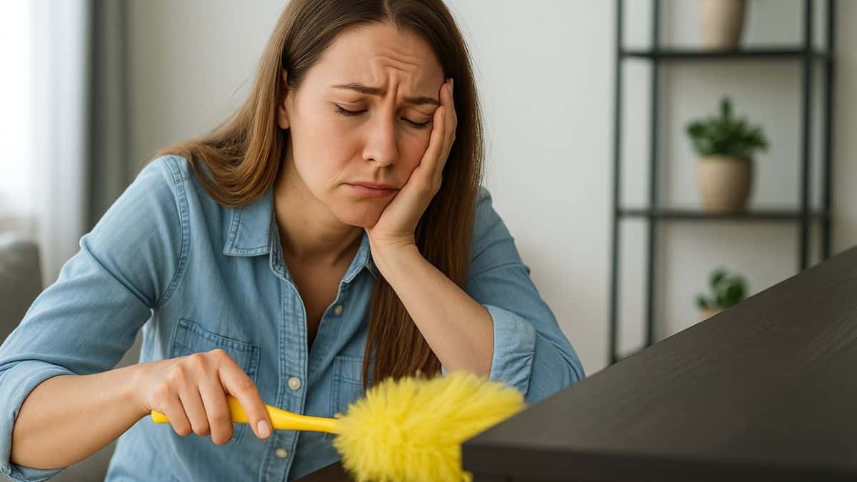 Une femme fatiguée nettoie la poussière avec un plumeau jaune dans un salon lumineux.