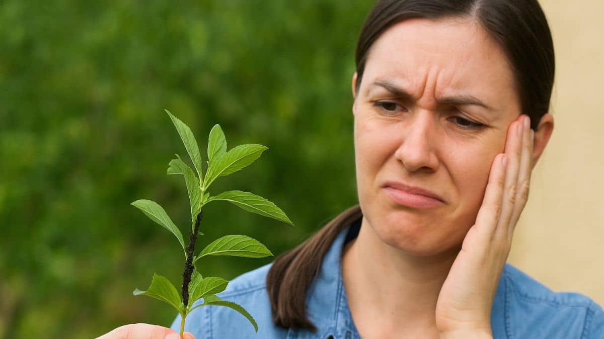 Une femme inquiète observe une plante infestée de pucerons noirs dans son jardin.
