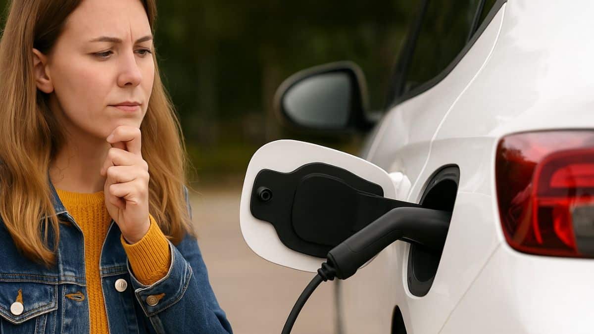 Femme pensive observant une voiture électrique en cours de recharge sur une borne classique.