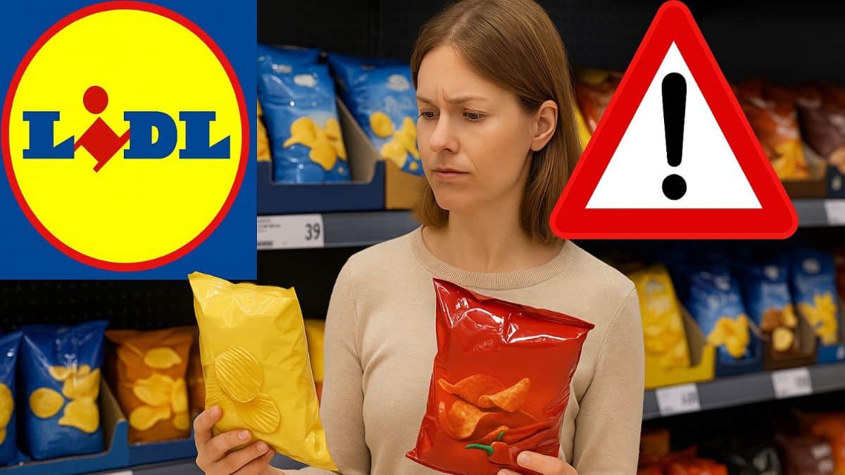 Une femme hésite entre deux paquets de chips dans un rayon Lidl, avec un emoji danger visible en rayon.