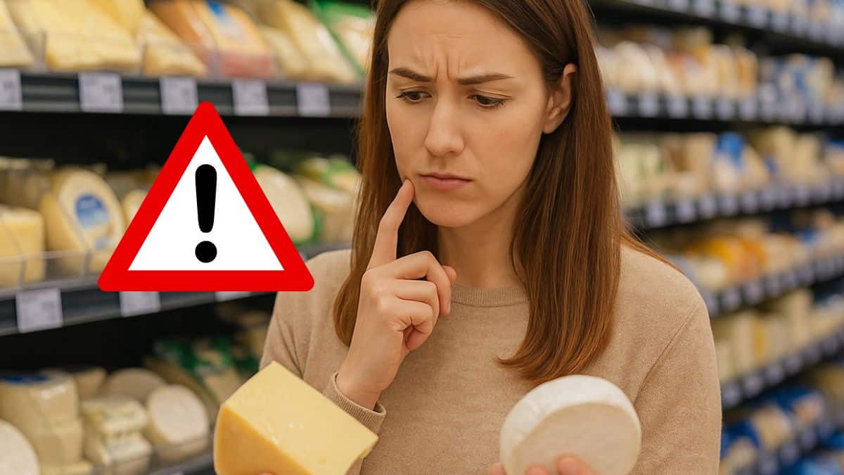 Femme hésitante devant le rayon fromage d’un supermarché Lidl tenant deux fromages différents en main.