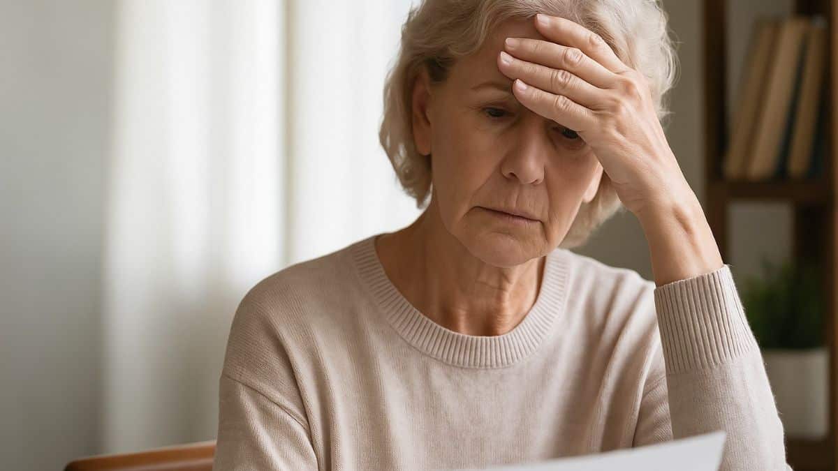 Une femme retraitée inquiète consulte sa pension de réversion dans son salon.