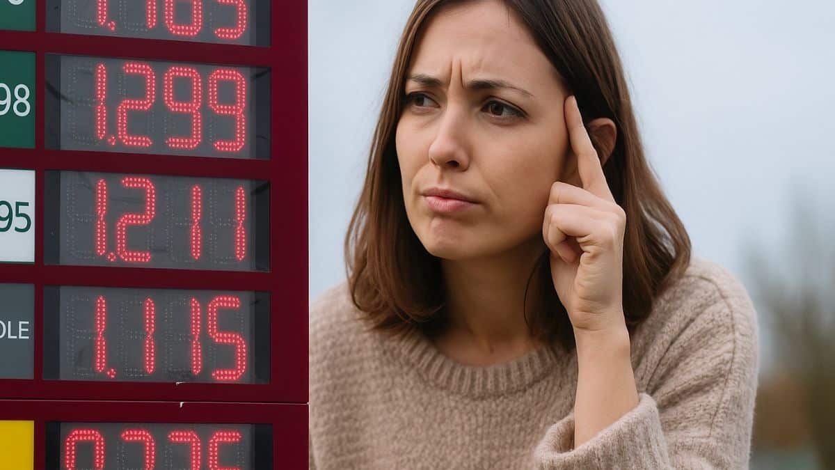 Jeune femme perplexe devant un panneau de station-service affichant le prix de l’essence avec trois décimales.