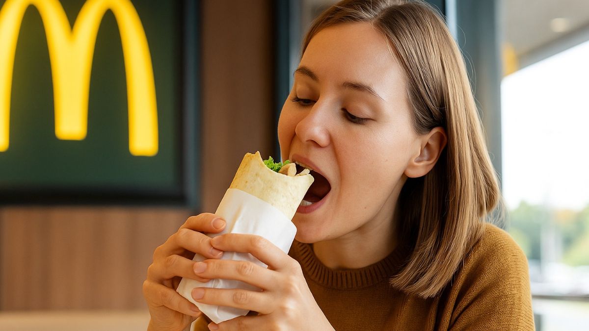 Femme mangeant un wrap dans un restaurant McDonald's.