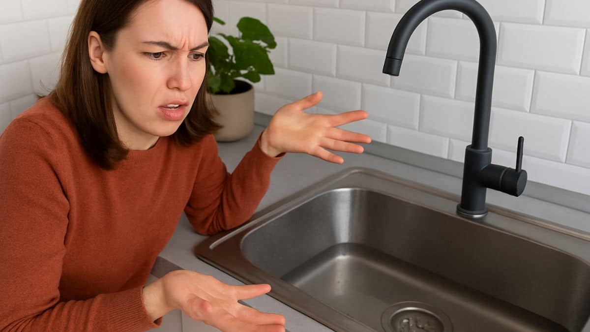 Une femme mécontente face à un évier bouché dans sa cuisine.