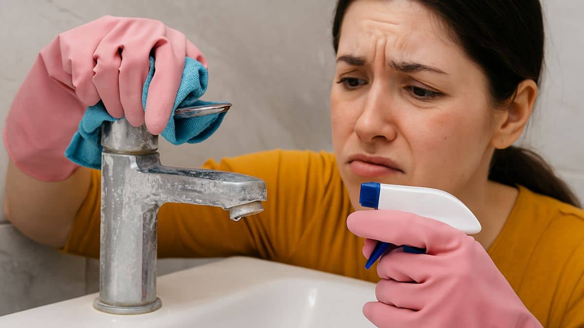 Une femme avec des gants essaie de nettoyer un robinet très entartré dans sa salle de bain.